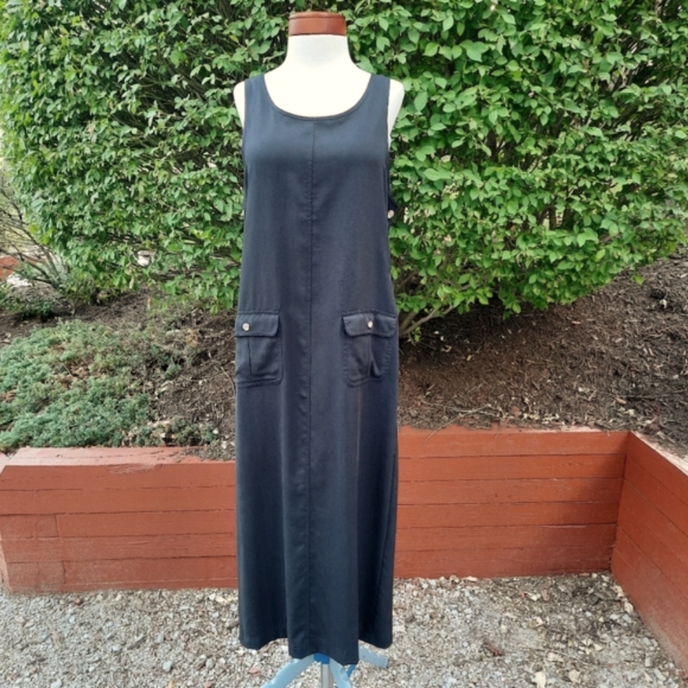 Talbots Vintage 90's Overalls Jumper Pocket Dress Tencel Lyocell Black Small - Picture 3 of 12
